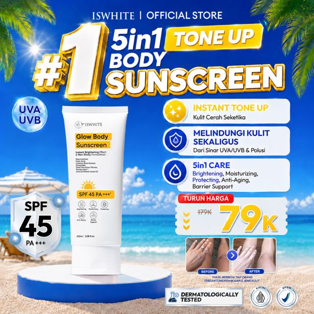 ISWHITE Glow Body Sunscreen SPF 45 PA+++ 100ml - Instant Tone Up, Hybrid Sunscreen Badan
