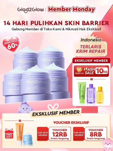 Glad2Glow Blueberry 5% Ceramide Moisturizer 30g - Repair Skin Barrier, Tekstur Gel Ringan