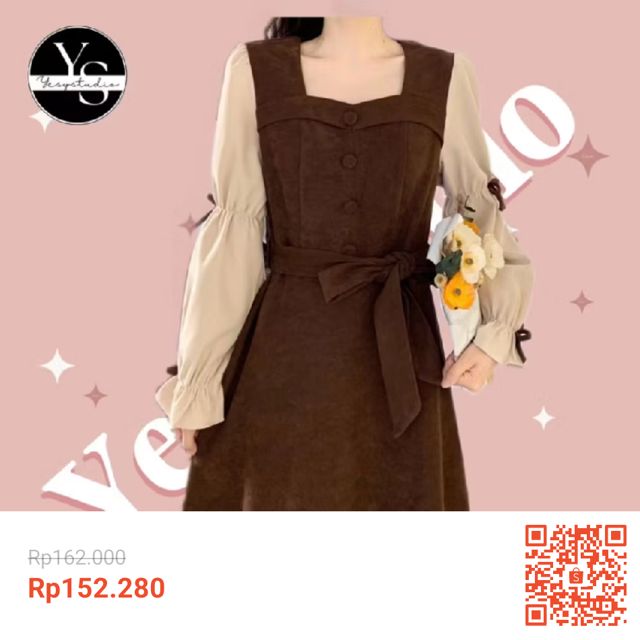 HIJAB FRIENDLY DRESS NILON LENGAN PANJANG PITA KOREA STYLE COKLAT RETRO VINTAGE