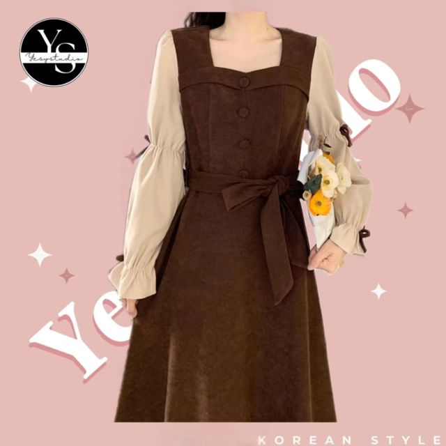 HIJAB FRIENDLY Dress Nilon Lengan Panjang Pita Korea Style Coklat Retro Vintage