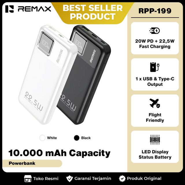 Remax Powerbank 10000mAh Slim RPP-199 Digital Display PD 20W QC 22.5W Fast Charging Type C Aman Pesawat