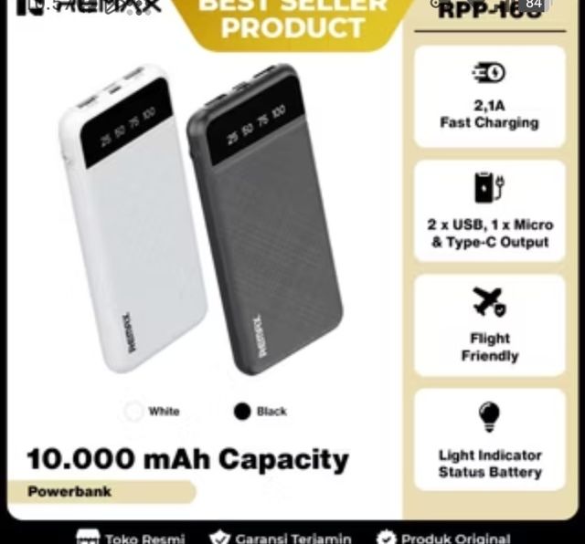 Remax Powerbank Slim Flight Friendly 10000mAh 2,1A Digital Display RPP-168