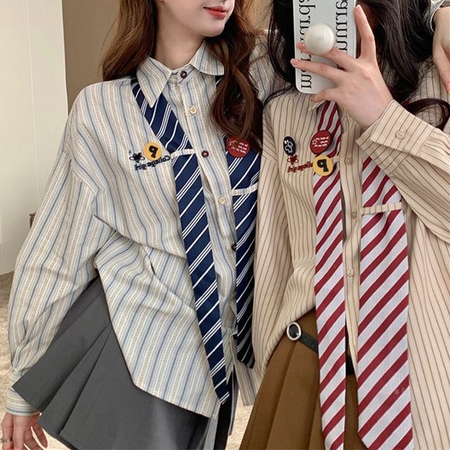 Kemeja Garis Wanita Korea Oversize Pink (bonus dasi+lencana)